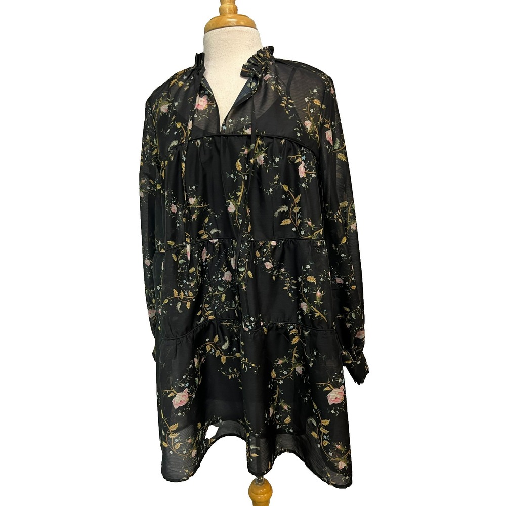 All Saints Tiered Baby Doll Dress Black Floral Semi Sheer + Slip Long Sleeves, 2